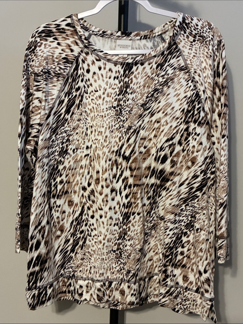 Chico's 3/4 Long Sleeve Leopard-Print Top in Brown and Cream Size 2 / Large